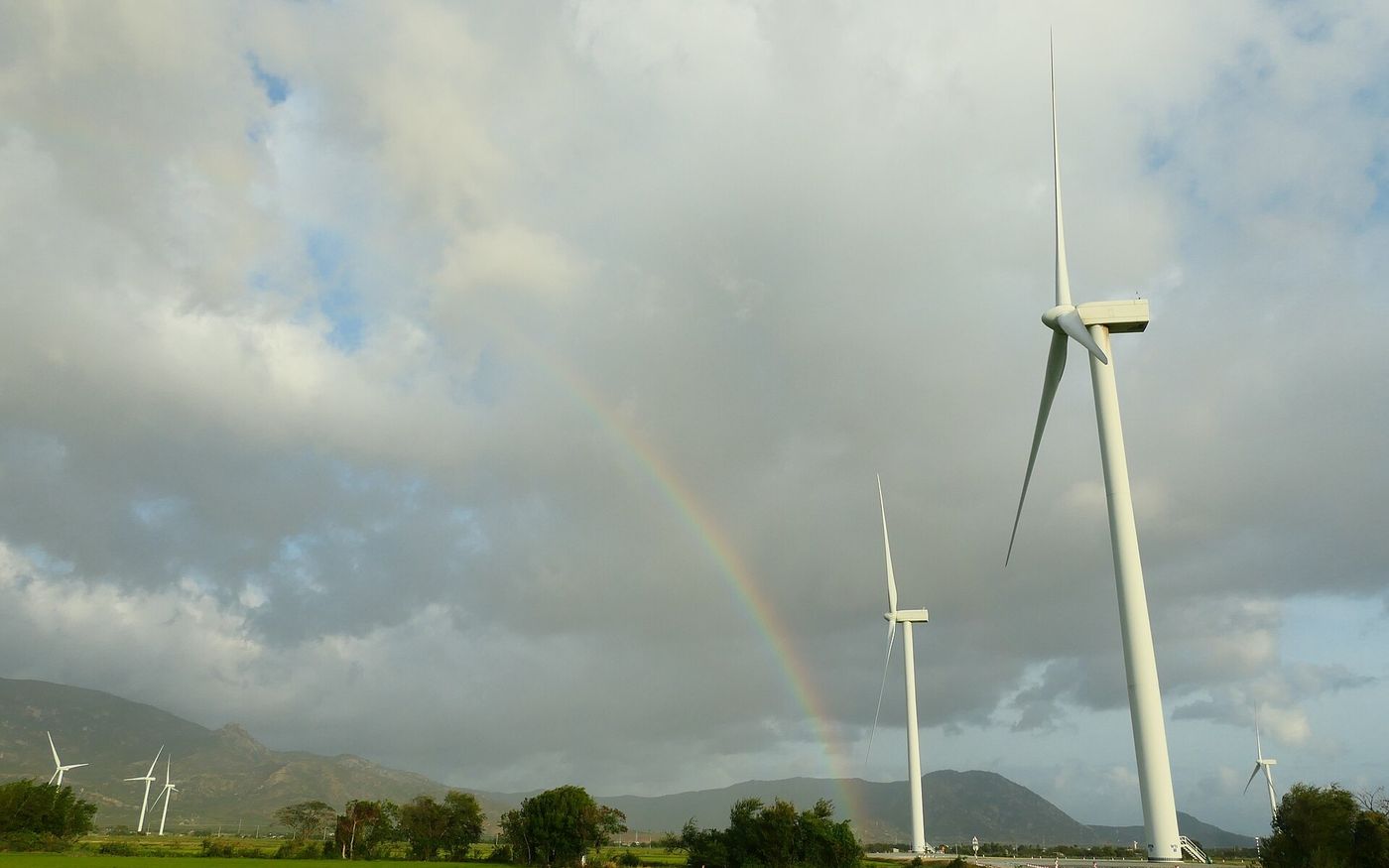 Wind turbines and a solar array on the Vietnamese coast