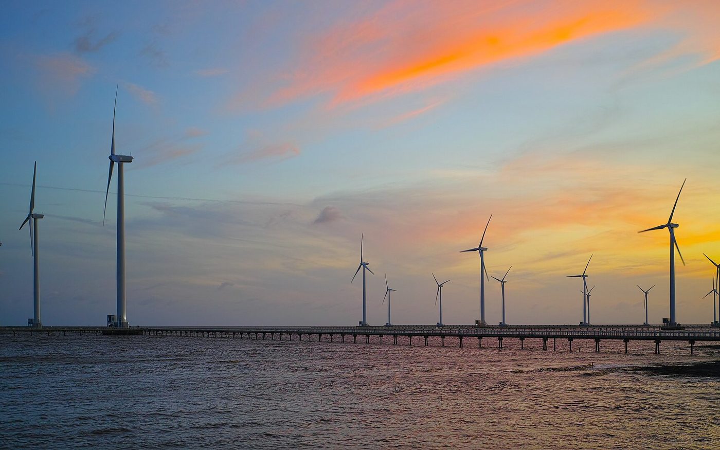 Wind turbines and solar panels on the Vietnamese coast