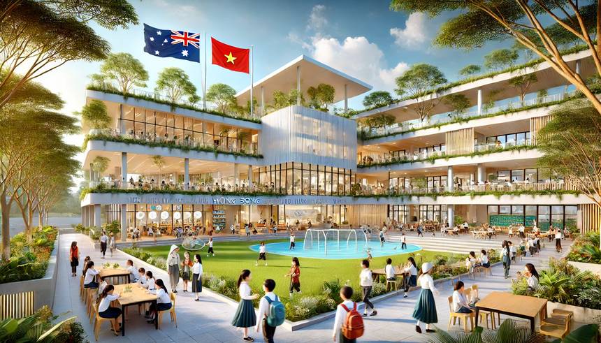 Render of the Australia Vietnam Bilingual Schools campus with Australian and Vietnamese flags