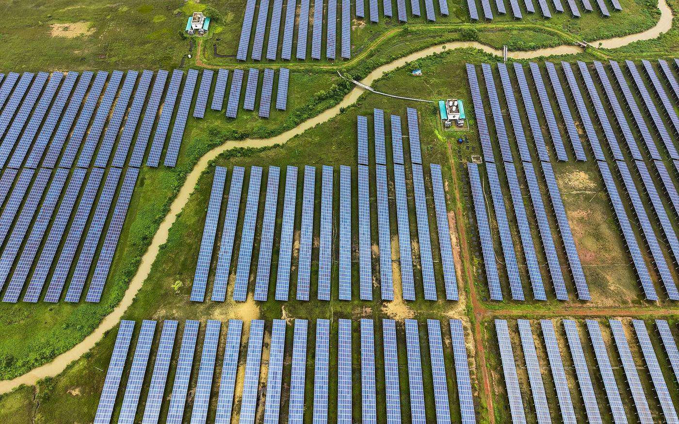Rows of solar panels seen from the air